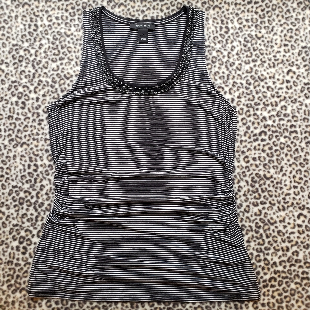 WHBM Black & White Stripe Beaded Embellished Scoop Neck Shell Tank, Size L, GUC